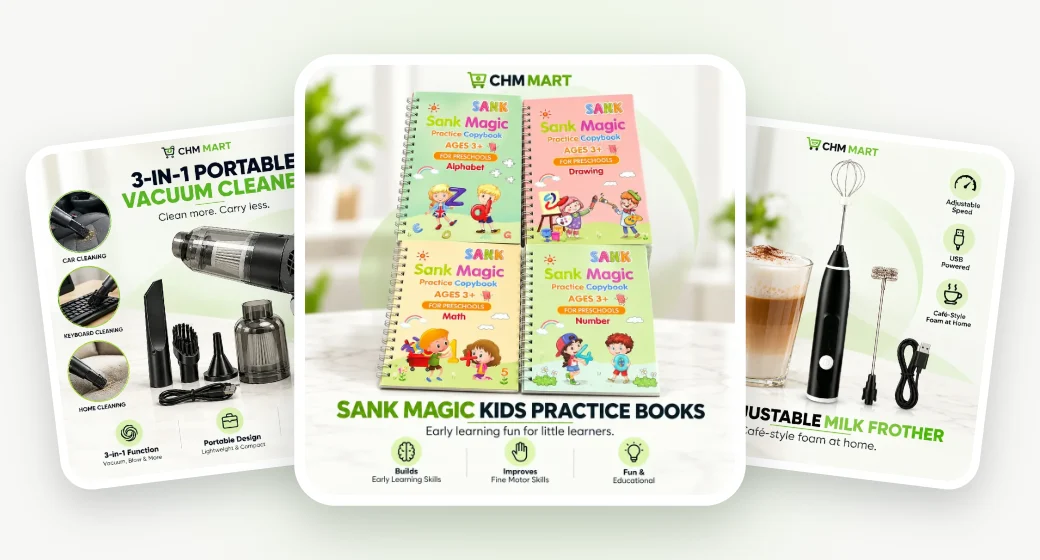 CHM MART products – Sank Magic practice books, portable vacuum and milk frother